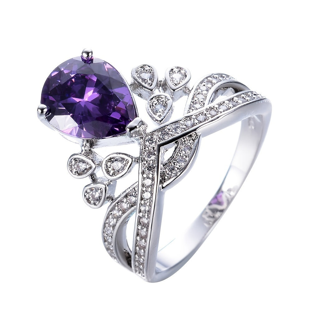 One Purple Crystal Zircon Water Drop Crown Ring 18K Gold Plated Zicron Inlaid