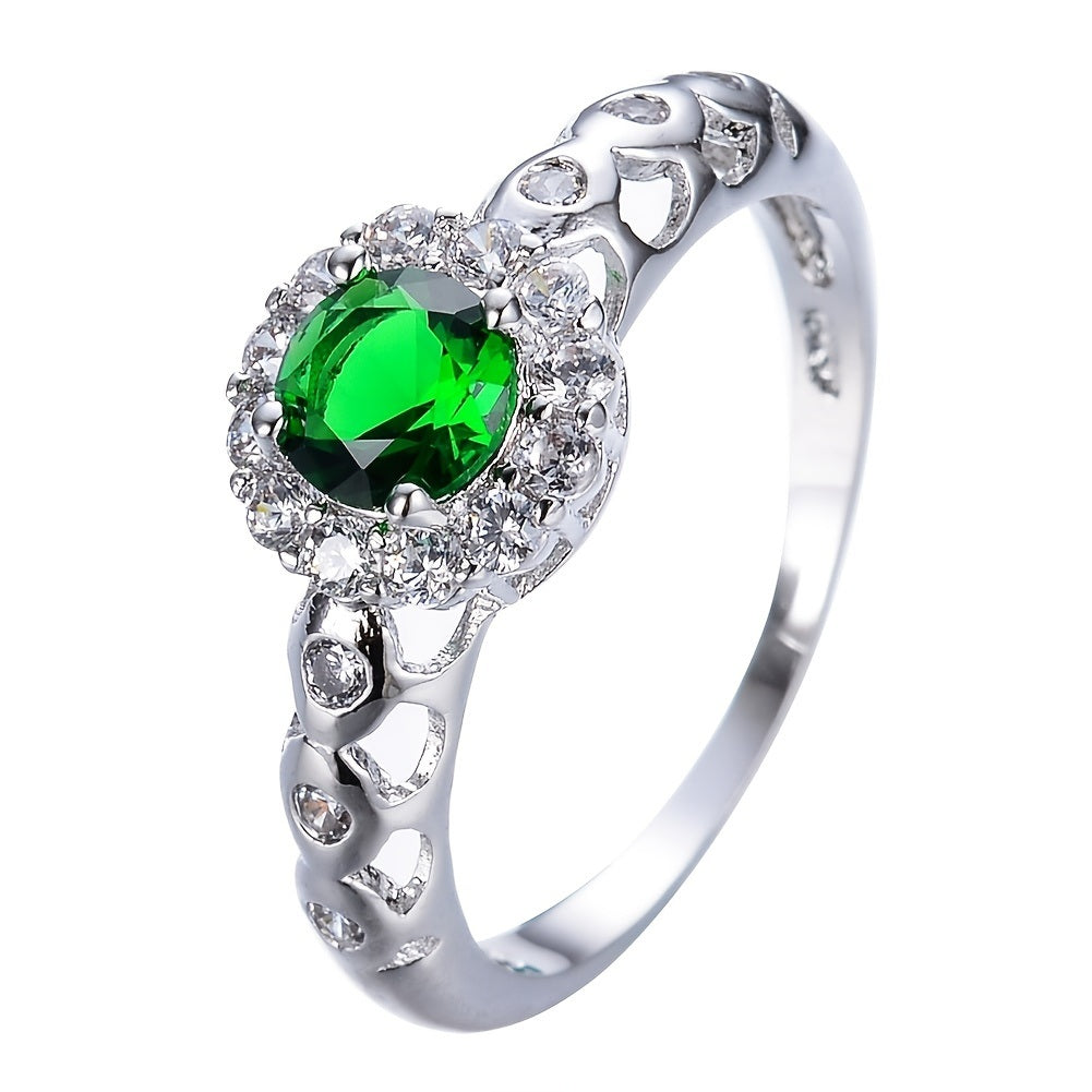 Elegant Hollow Round Emerald Zircon Ring Band Ring Luxury Jewelry Wedding Banquet For Women Girls Bride