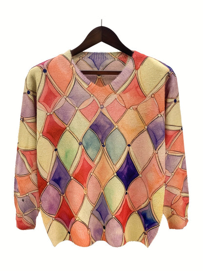 Women's Rhombus Prints V-neck Long-sleeved Sweater