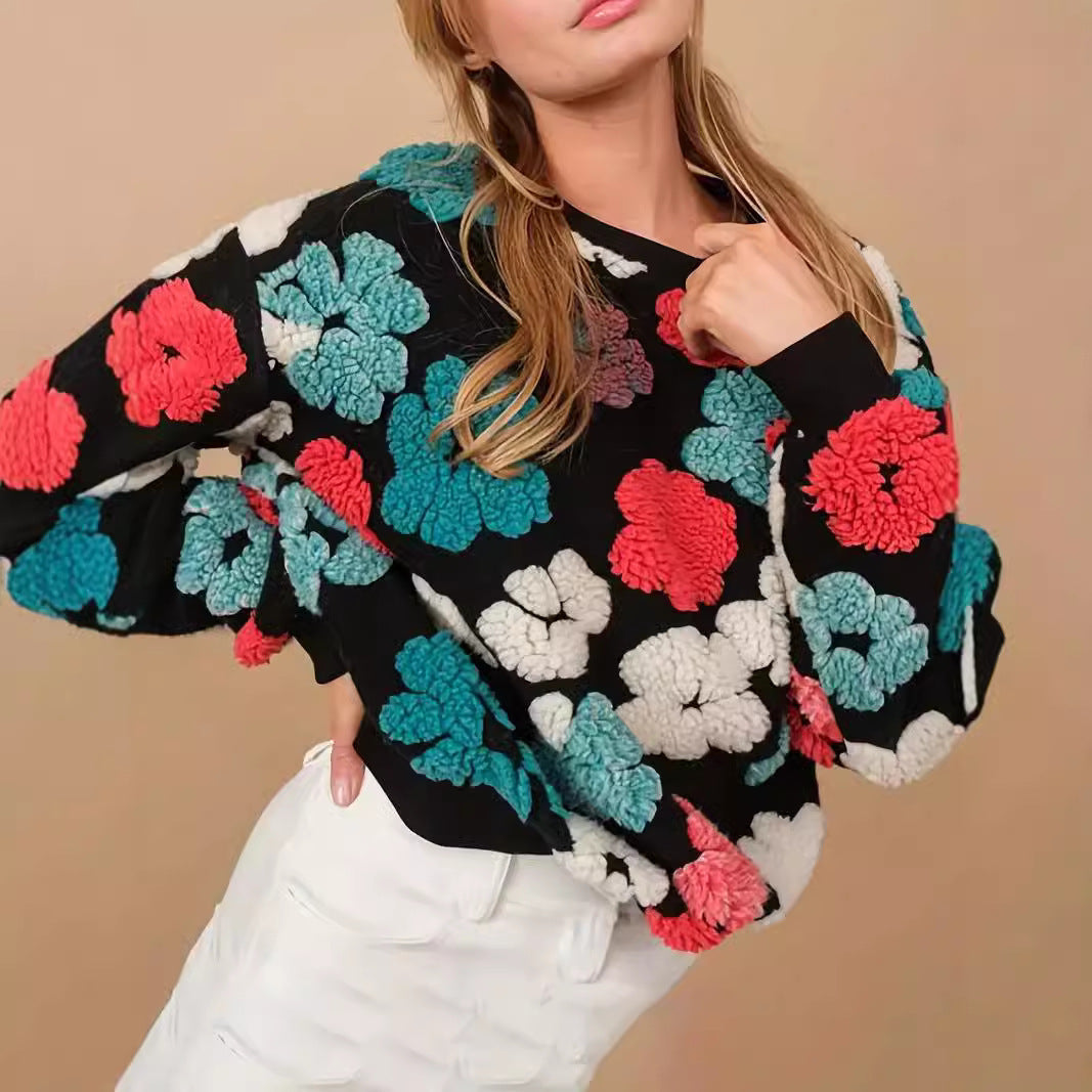 Retro Three-dimensional Flower Loose Temperament Cashmere Sweater