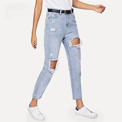 Cut Out Ripped Jeans For Women Blue Denim Trousers - CEW Store