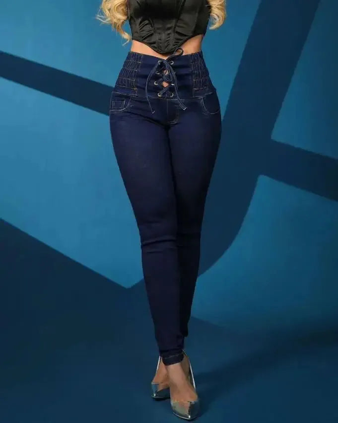 High Waist Lace-Up Skinny Jeans - CEW Store