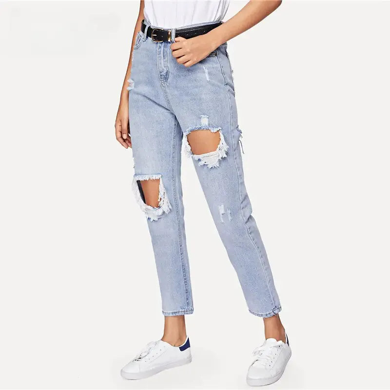 Cut Out Ripped Jeans For Women Blue Denim Trousers - CEW Store