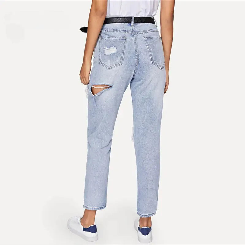 Cut Out Ripped Jeans For Women Blue Denim Trousers - CEW Store