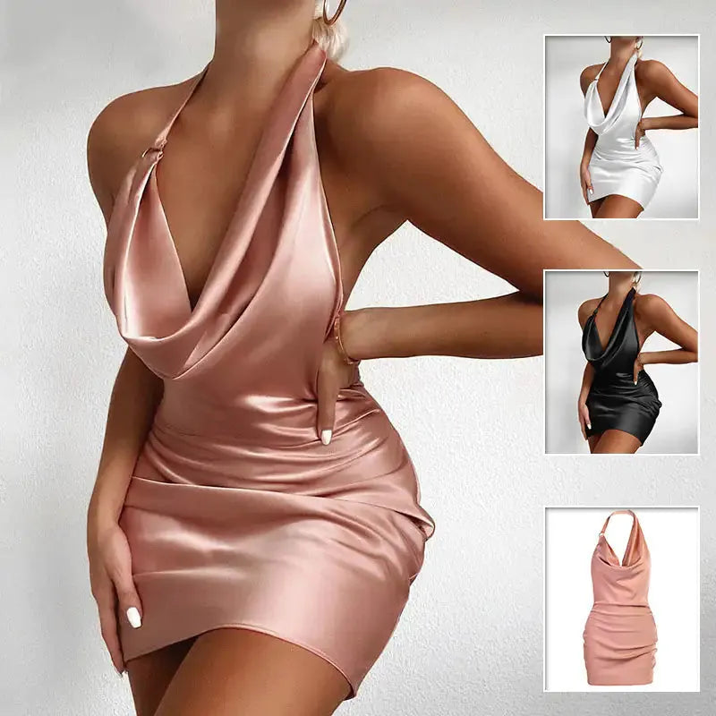 Satin Party Dress V Neck Backless Mini Sleeveless Summer Party Dress - CEW Store