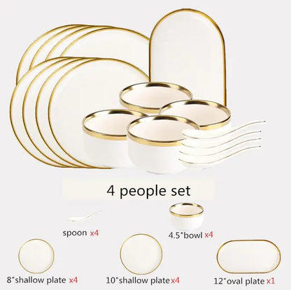 High-quality Matte Gilt Rim White Porcelain Dinner Tray Kitchen Plates Ceramic Tableware Food Dishes Rice Salad Noodles Bowl